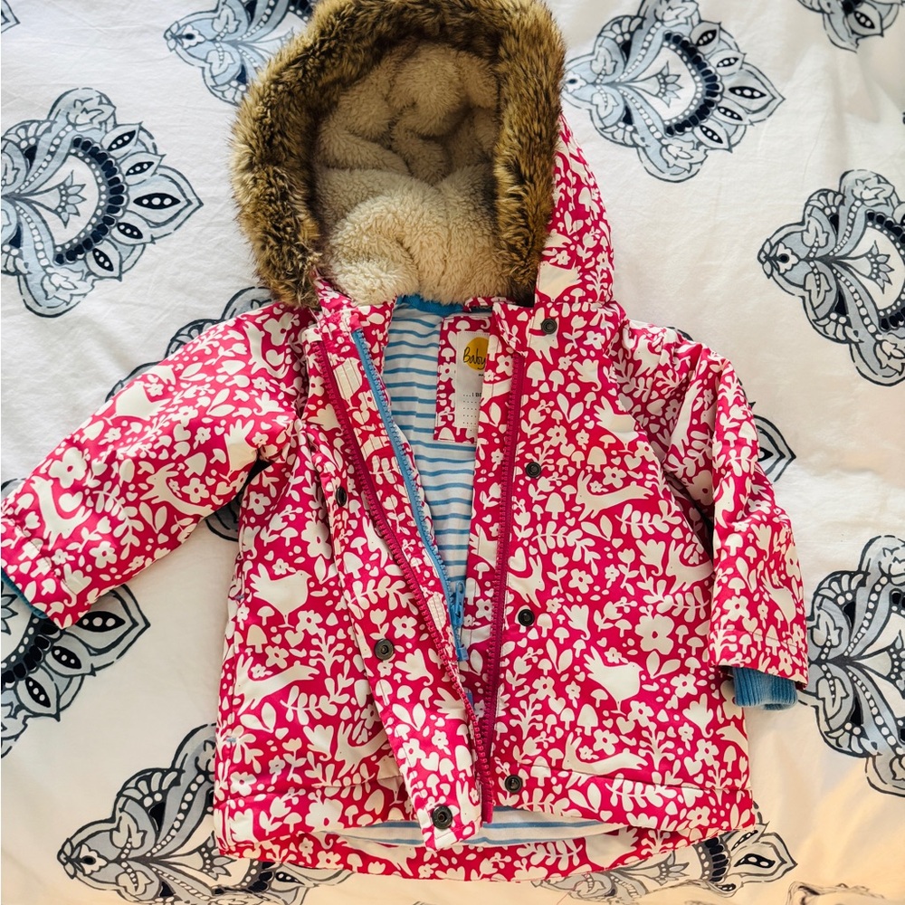BabyBoden Pink Patterned Kids Jacket with Faux Fur Hood